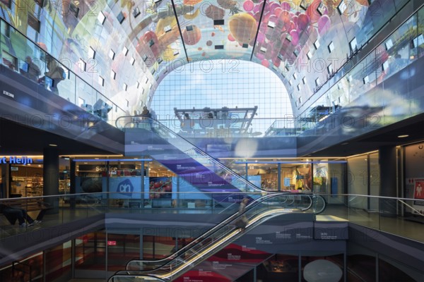 ROTTERDAM, THE NETHERLANDS, MAY 11, 2017: Interior view of the Market Hall (Markthaal) residential and office building with market hall inside designed by famous architects MVRDV