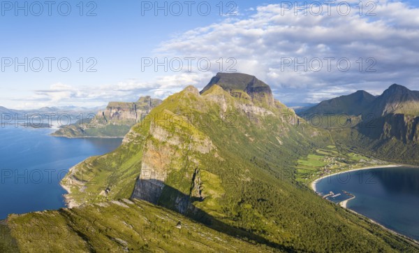 View from Finnesfjellet mountain to mountains and coast, Finnes, Helgeland coast, Bodø, Nordland, Norway, Europe