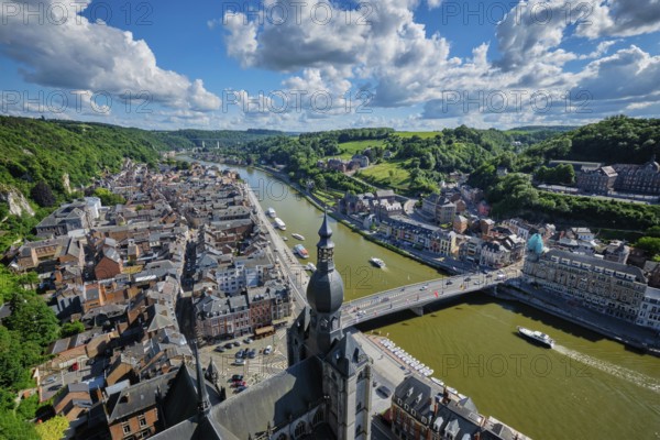 Aerial view of Dinant town, Collegiate Church of Notre Dame de Dinant, River Meuse and Pont Charles de Gaulle bridge from Dinant Citadel. Dinant, Belgium, Europe