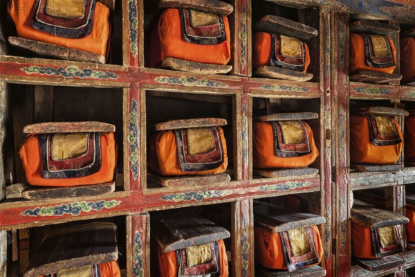 Folios of old manuscripts in library of Thiksey Gompa (Tibetan Buddhist Monastery) . Ladakh, India, Asia