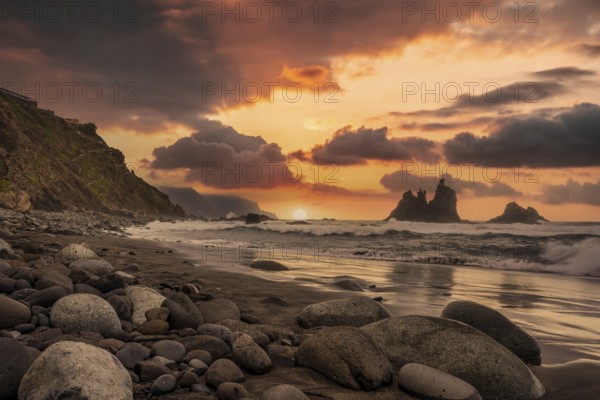 Playa de Benijo one afternoon with a beautiful sunset, Tenerife, Canary Islands. Spain