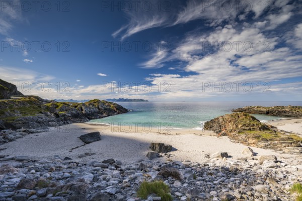 Sandy beach beach and rocky coast, near Bleik, Andoya Island, Vesterålen, Northern Norway, Norway, Europe