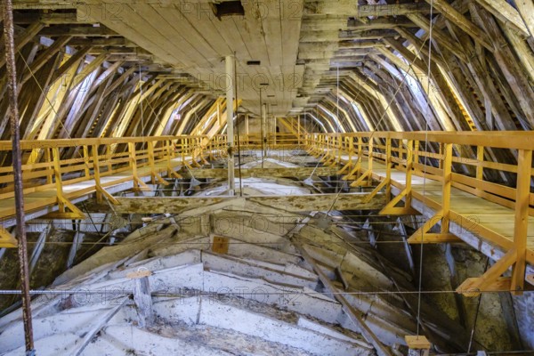 In the attic above the vault of St. Martin's Church in Memmingen in Unterallgäu, Swabia, Bavaria, Germany, Europe