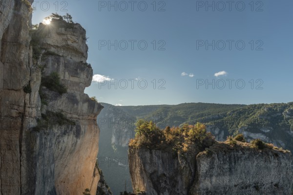 Landscape of a wild and preserved valley, canyon in the Cevennes national park. biosphere reserve by Unesco. Gorges de la Jonte. Aveyron, France, Europe