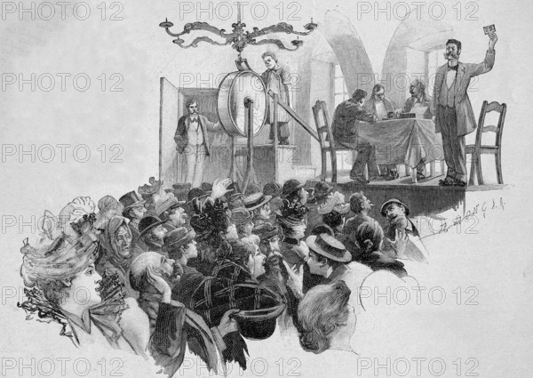 Number Lotto in 1897, here a draw in Vienna, Austria, Historical, digitally restored reproduction of an original template from the 19th century, exact original date not known, Europe