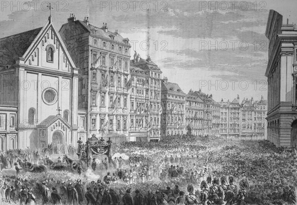 Funeral of Emperor Maximilian I of Mexico (1832-1867), Arrival of the funeral procession on 18 January 1868 in front of the Capuchin Church in Vienna, Austria, Historic, digitally restored reproduction of a 19th century original, Europe