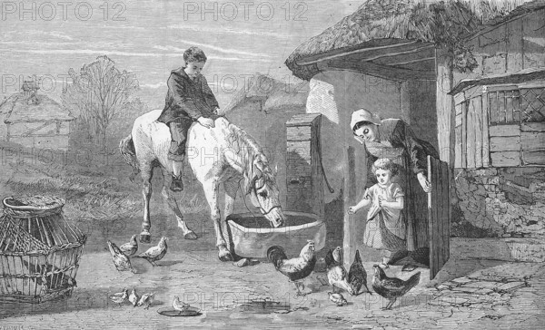 The Farm Gate, Farmer's wife with two children and many animals on a farm, 1869, France, Historic, digitally restored reproduction of an original 19th century painting, exact original date not known, Europe