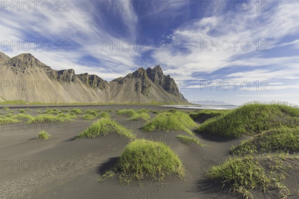 Vestrahorn, Vesturhorn, scree mountain made of gabbro and granophyre rocks, part of the Klifatindur mountain range at Stokksnes, Iceland, Europe