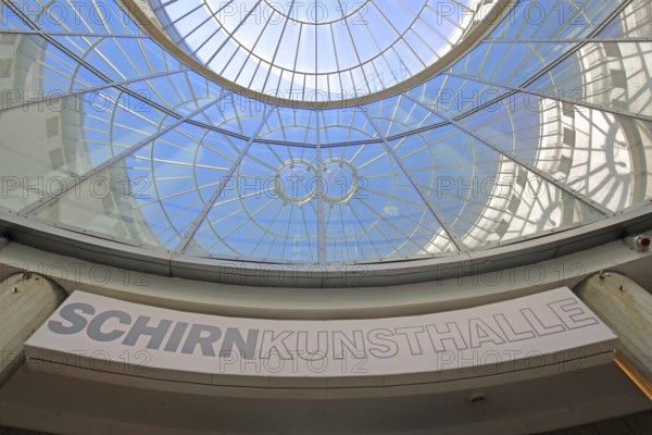 Kunsthalle Schirn with round glass dome, glass window, glass building, inscription, modern building, interior view, reflection, museum, Schirn, Old Town, Frankfurt am Main, Hesse, Germany, Europe