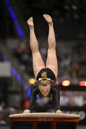 Lisa Vaelen BEL Vault Action Gymnastics, EnBW DTB-Pokal, Porsche-Arena, Stuttgart, Baden-Württemberg, Germany, Europe
