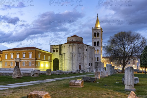 The Church of St Donatus, remains of the Roman forum and the bell tower of Zadar Cathedral at dusk, Croatia, Europe