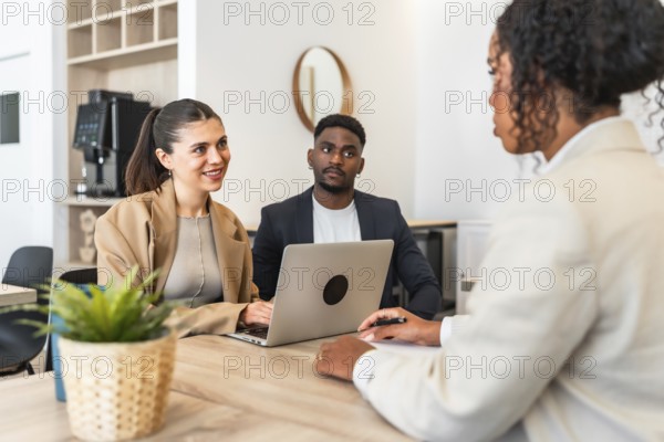 Business partners discussing with consultant using laptop during meeting in modern office