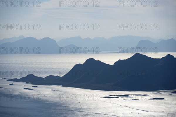 Mountain peak and fjord Austensfjorden, fjord landscape and sea, view from the summit of Rundfjellet, Nordland, Norway, Europe