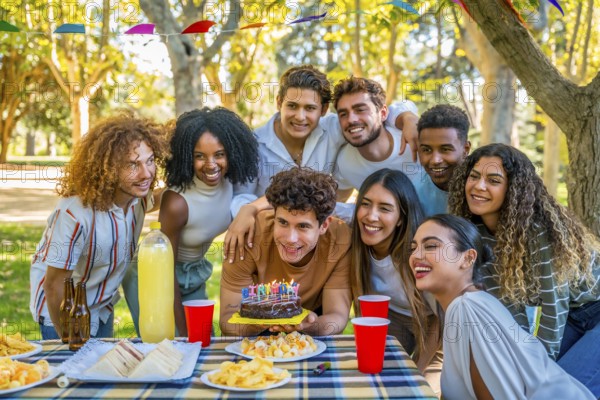 Young man smiling about to blow candles celebrating birthday with multi-ethnic friends at park