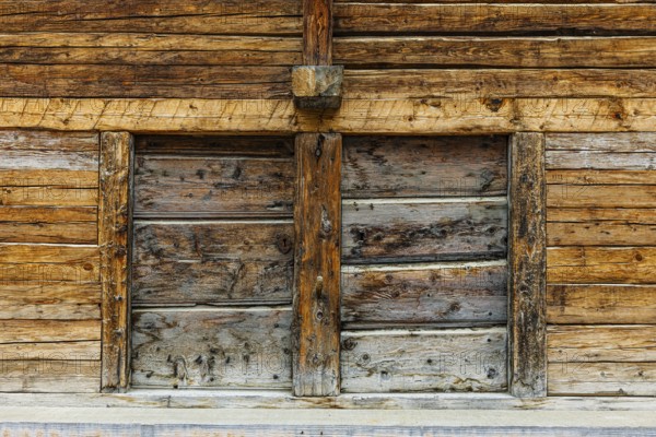 Old loading door on a hay barn, Chandolin, Val d'Anniviers, Valais Alps, Canton Valais, Switzerland, Europe