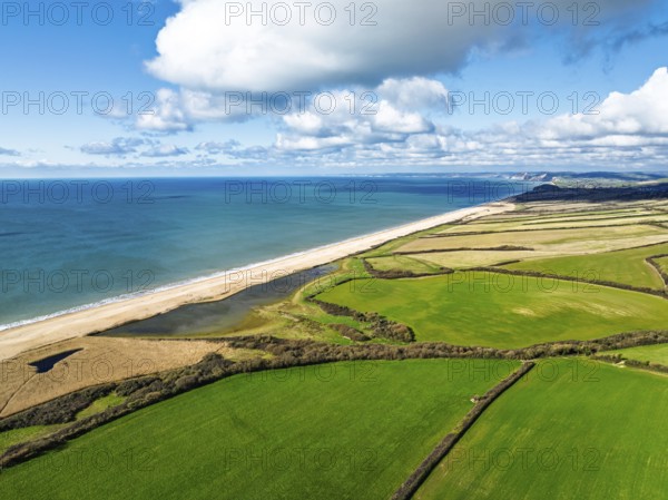 Farms over Swyre and West Bexington from a drone, West Bexington Nature Reserve, S W Coast Path, Dorchester, Dorset, England, United Kingdom, Europe