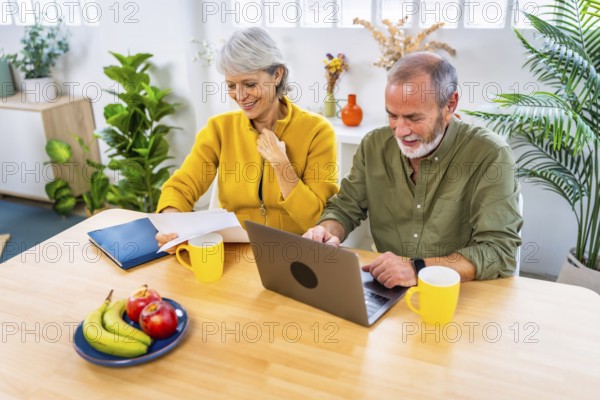 Happy senior couple working on personal financial bills at home using laptop sitting on the living room
