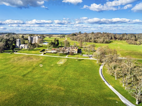 Lulworth Castle from a drone, Lulworth Estate, Camp Bestival, East Lulworth, Dorset, England, United Kingdom, Europe