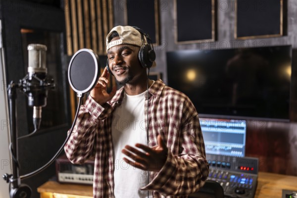 Young happy african american male singer wearing headphones and singing in professional recording studio