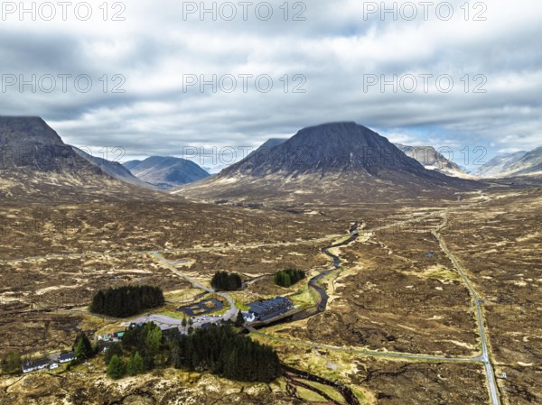 Mountains and Moors over Glen Etive Valley from a drone, Buachaille Etive Mòr, The Buachaille, Highlands, Scotland, United Kingdom, Europe