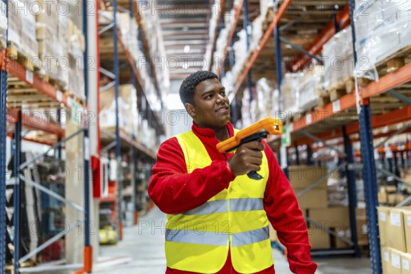 Latin male warehouse worker using bar code scanner to analyze newly arrived goods for further placement in storage department