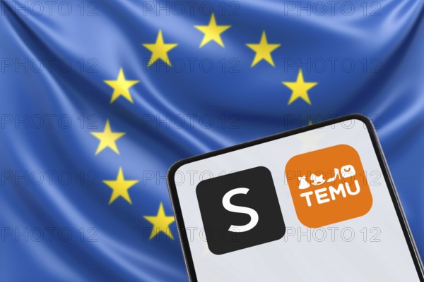 Temu and Shein app logo online marketplace from China with EU European Union flag online trade ecommerce on a mobile phone in Stuttgart, Germany, Europe