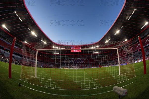 Overview, interior, floodlit match, behind-the-goal perspective, goal net, blue hour, fisheye shot, Champions League, Allianz Arena, Munich, Bavaria, Germany, Europe