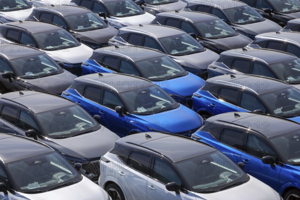 Duisburg, North Rhine-Westphalia, Germany - New cars, transhipment centre, car terminal in Duisburg port