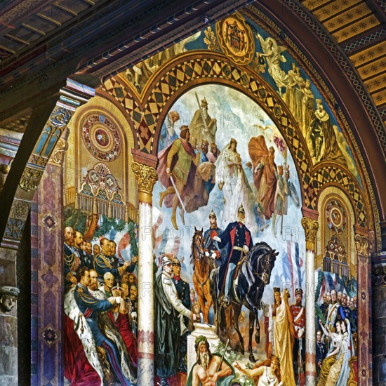 Central triptych with the Apotheosis of the Founding of the Empire by Hermann Wislicenus, mural, Kaisersaal Goslar, Lower Saxony, Germany, Europe