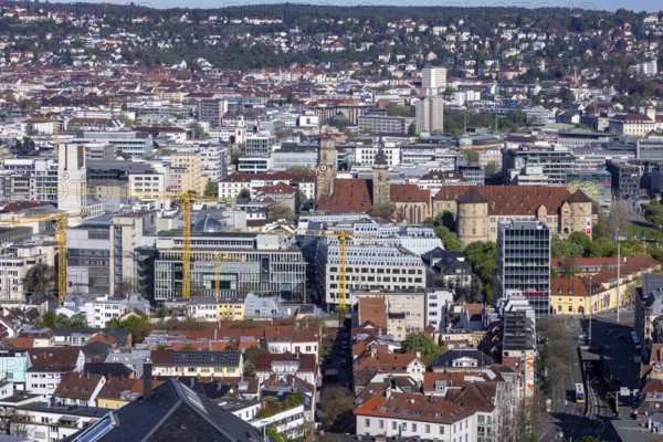 View of Stuttgart city centre. Charlottenplatz, Old Palace, Collegiate Church, Town Hall Tower. Stuttgart, Baden-Württemberg, Germany, Europe