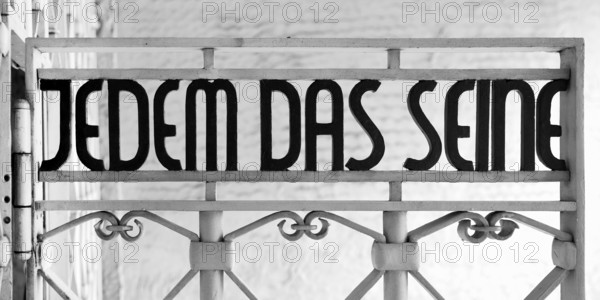 Tor tor to the beech forest concentration camp with the slogan Jedem das Seine on the entrance gate, Weimar, Thuringia, Germany, Europe