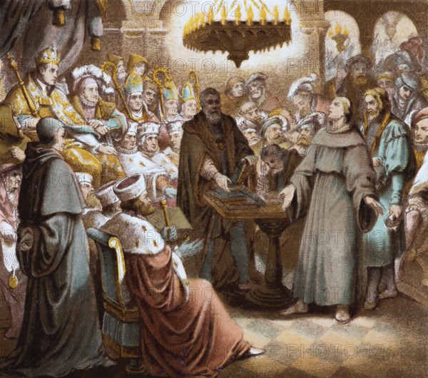Imperial Diet of Worms in 1521, Luther is to recant his theses in front of Emperor Charles V and bishops, issue of the Edict of Worms, stages of Dr Martin Luther's life, coloured illustration ca. 1890