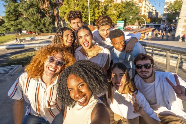 Frontal personal point of view of a multi-ethnic group of friends taking selfie together in the city during sunset