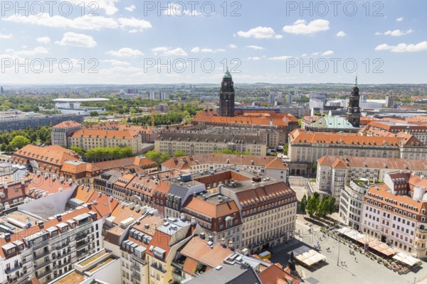 View from the tower of the Church of Our Lady over the roofs of the old town with the town hall tower and the tower of the Kreuzkirche, Dresden, Saxony, Germany, Europe