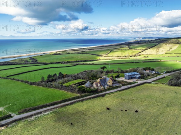 Farms over Swyre and West Bexington from a drone, West Bexington Nature Reserve, S W Coast Path, Dorchester, Dorset, England, United Kingdom, Europe