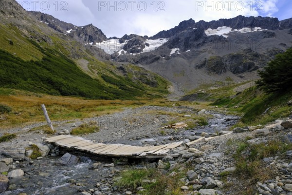 Ushuaia, Tierra del Fuego, Argentina, hiking trail to the Martial glacier on Cerro Martial, Ushuaia's local mountain. Ushuaia is the southernmost city in the world, the end of the world, South America
