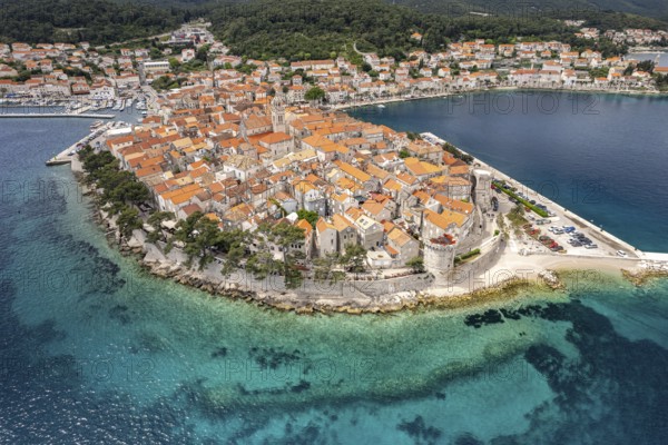 The old town centre of Korcula town seen from the air, Croatia, Europe