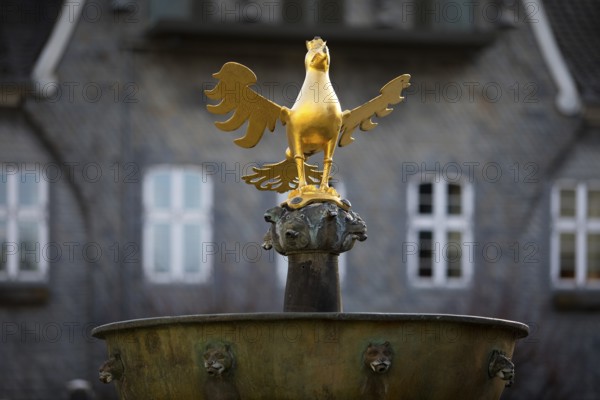 Gilded imperial eagle as a fountain eagle on the market fountain, Old Town, Goslar, UNESCO World Heritage Site, Lower Saxony, Germany, Europe