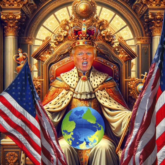 Symbolic image, King Donald, world upside down, Donald Trump sees himself as a majesty above the law, US democracy in danger, political blackmail, EU and Germany under political pressure, industry, tariff threats, Elon Musk, Mark Zuckerberg, social networks, fake news, rights broken, hate, agitation, DSG Digital Services Act, re-election, USA, politics, announcements, vendetta, wanted dictator, Republicans, US electoral system, global danger, lies, 2nd term, Ukraine war, storm White House, Trump's election, Trump's election, Trump's election. term, global burden, Ukrainian war, White House storm, North America