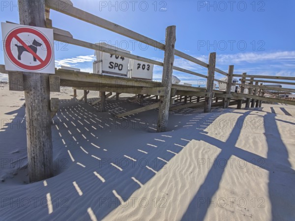 Preparation for the main season on the beach, setting up the beach chairs, North Sea, on the edge of the Wadden Sea National Park and UNESCO World Heritage Site, pile dwellings, no dogs allowed sign, sunshine and blue sky, SPO, Sankt Peter-Ording, Schleswig-Holstein, Germany, Europe