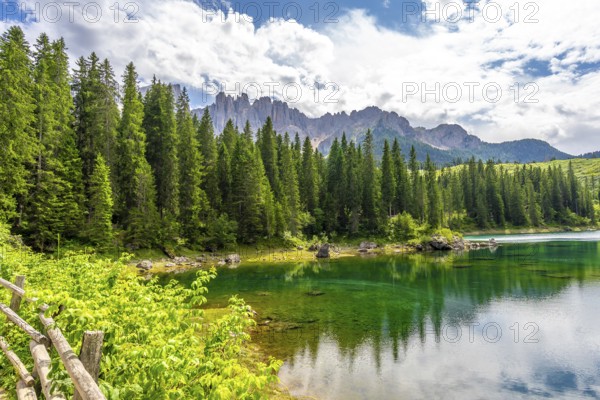 Emerald waters reflecting latemar mountain range and lush forest in the italian dolomites on a beautiful summer day