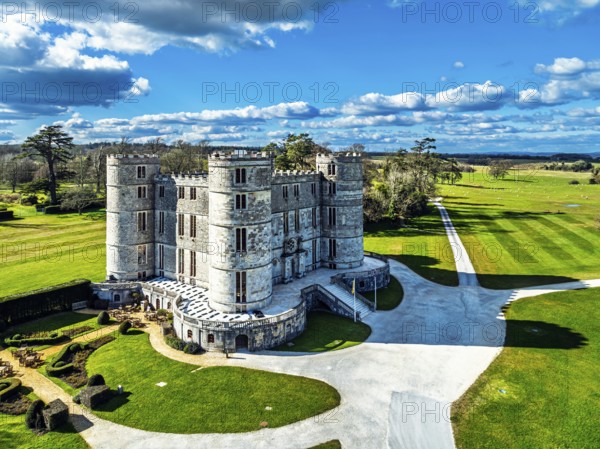 Lulworth Castle from a drone, Lulworth Estate, Camp Bestival, East Lulworth, Dorset, England, United Kingdom, Europe