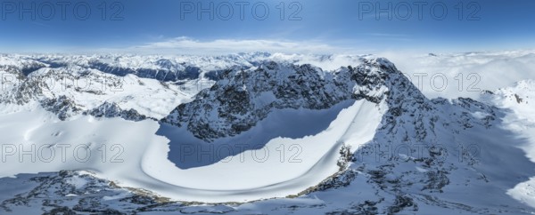 Alpine panorama, aerial view, mountain peak Piz Kesch and glacier Vadret da Porchabella, Albula Alps, Rhaetian Alps, Grisons, Eastern Switzerland, Switzerland, Europe