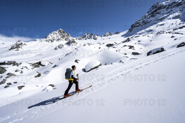 Ski tourers ascending through a picturesque snow-covered mountain landscape with peaks, ascent to the summit of Kesch Pitschen, Bündner Haute Route ski tour, Albula Alps, Rhaetian Alps, Grisons, Eastern Switzerland, Switzerland, Europe