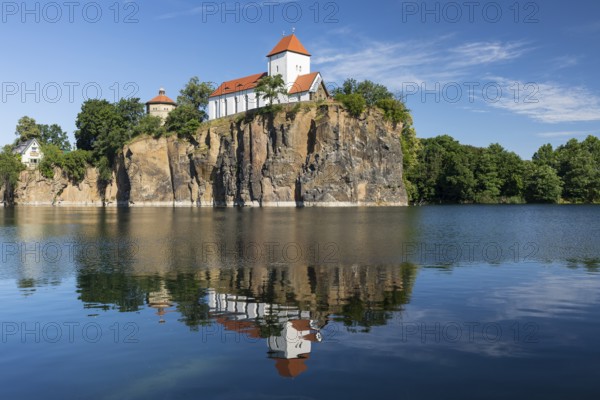 Kirchbruch lake and mountain church with water tower, Beucha, Leipzig district, Saxony, Germany, Europe