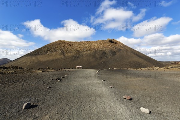 Hiking trail to the volcanic crater Caldera de Los Cuervos, cinder cone, Los Volcanes nature park Park, Tias, Yaiza, Lanzarote, Spain, Europe