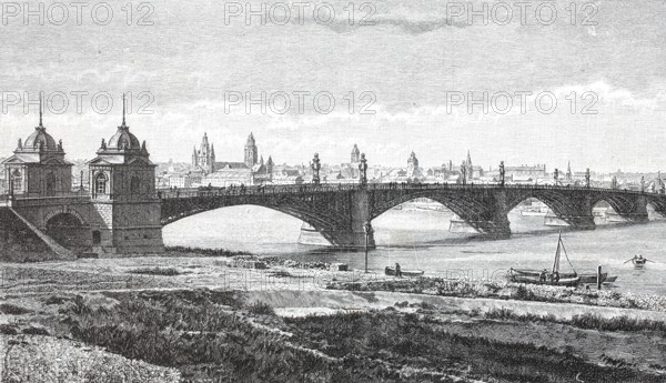 The road bridge in Mainz in 1890, Rhineland-Palatinate, Germany, digital reproduction of an original from the 19th century, historical, Europe