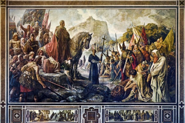 Charlemagne destroys the Irmin Column with grisailles in 772, mural by Hermann Wislicenus, Kaisersaal Goslar, Lower Saxony, Germany, Europe