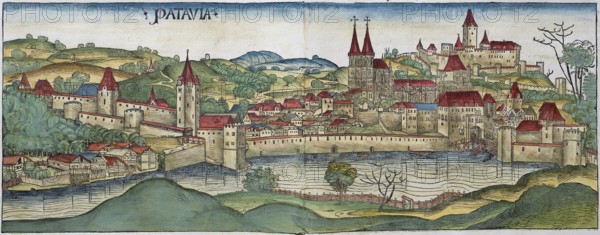 Medieval city view of Passau or Patavia, family tree, old coloured woodcut from: Schedel'sche Weltchronik also Nürnberger Chronik, German edition, incunabulum, Hartmann Schedel 1493