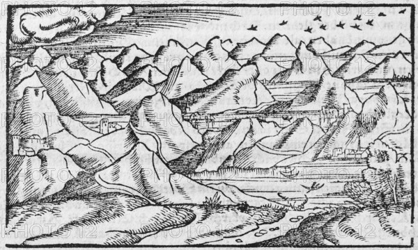 Alps, Switzerland, Alpine landscape, woodcut by Sebastian Münster from the Cosmographia Universalis, Basel 1550, Switzerland, Europe